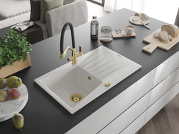 Mexen Cesar single-bowl granite sink with drainer and Duo kitchen faucet, white - 6514-20-671701-57-G