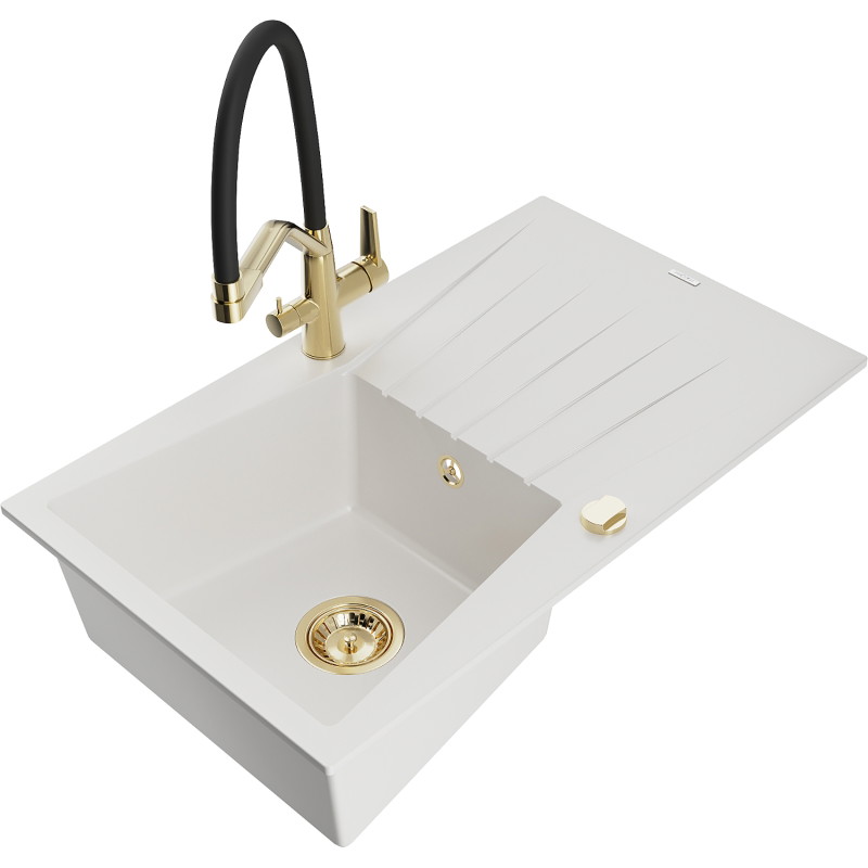Mexen Cesar 1-bowl granite sink with drainer and Duo kitchen faucet, white - 6514-20-671701-57-G