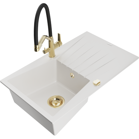 Mexen Cesar single-bowl granite sink with drainer and Duo kitchen faucet, white - 6514-20-671701-57-G
