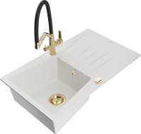 Mexen Cesar 1-bowl granite sink with drainer and Duo kitchen faucet, white - 6514-20-671701-57-G