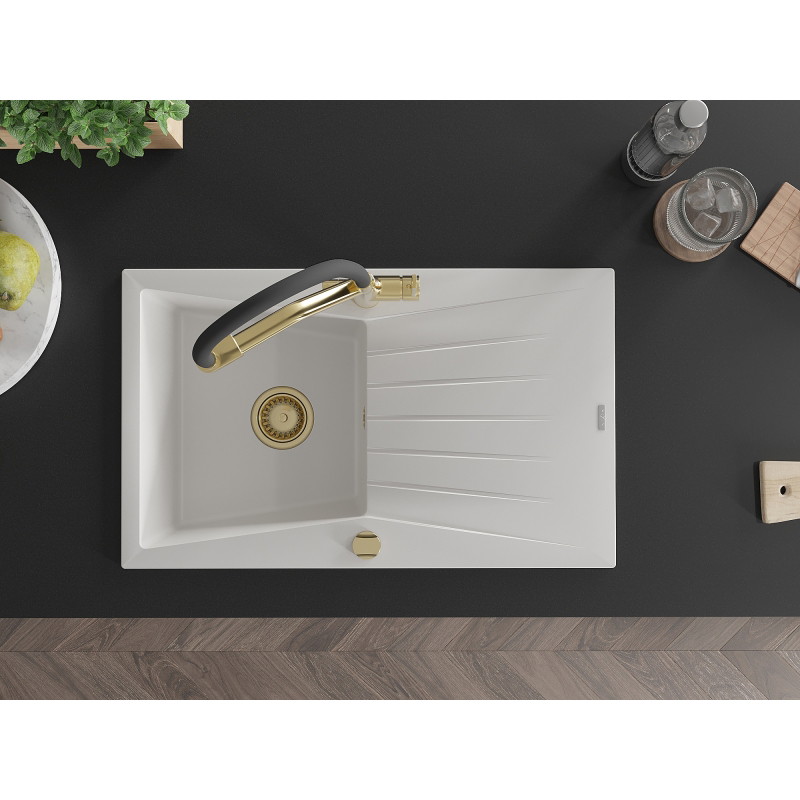Mexen Cesar single-bowl granite sink with drainer and Duo kitchen faucet, white - 6514-20-671701-57-G