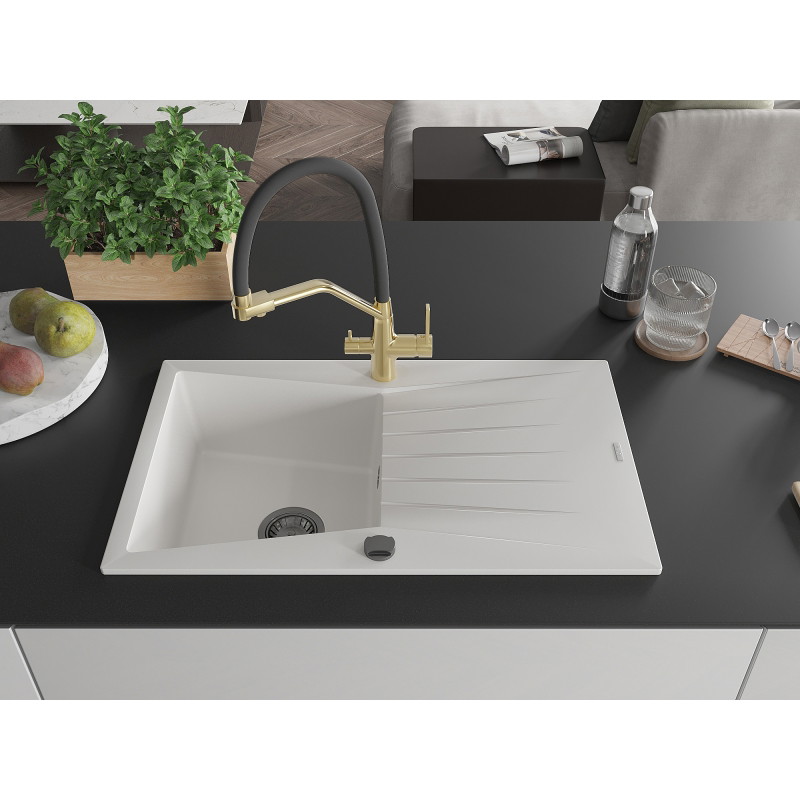 Mexen Cesar granite sink 1-bowl with drainer and Duo kitchen faucet, white - 6514-20-671701-57-B