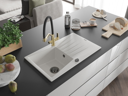 Mexen Cesar granite sink 1-bowl with drainer and Duo kitchen faucet, white - 6514-20-671701-57-B