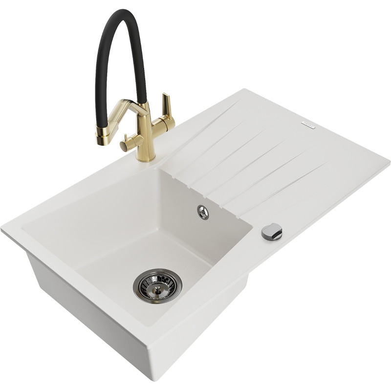 Mexen Cesar granite sink single-bowl with drainer and Duo kitchen faucet, white - 6514-20-671701-57-B