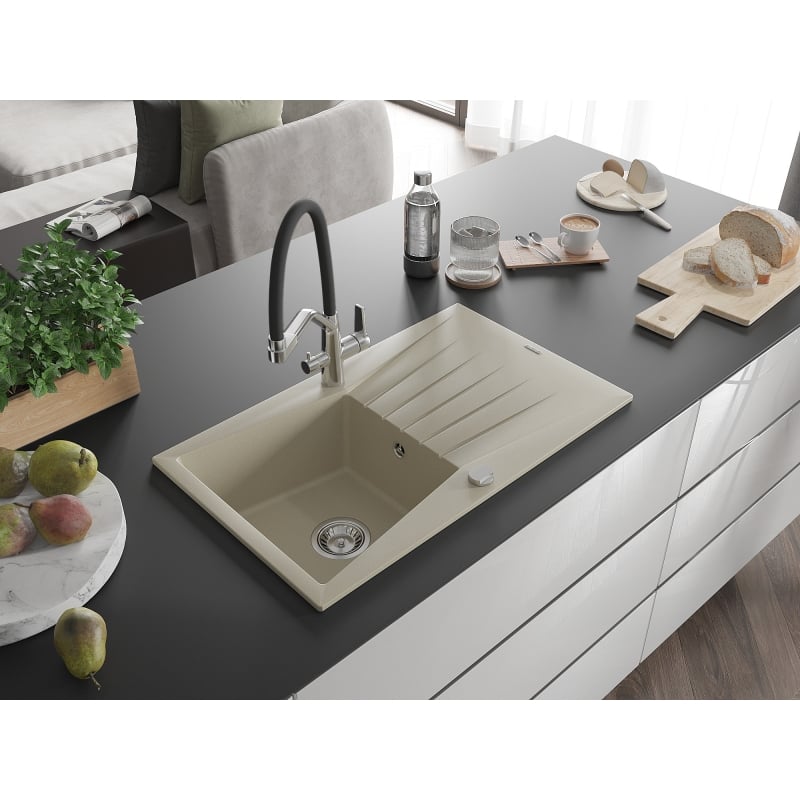 Mexen Cesar 1-bowl Granite Sink with Drainer and Duo Kitchen Faucet, Beige - 6514-69-671701-07