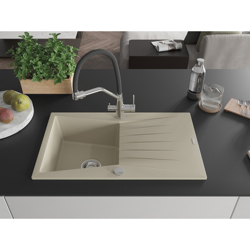 Mexen Cesar 1-bowl Granite Sink with Drainer and Duo Kitchen Faucet, Beige - 6514-69-671701-07