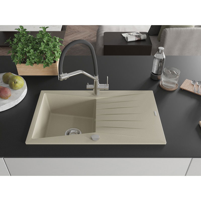 Mexen Cesar granite sink 1-bowl with drainer and Duo kitchen tap, beige - 6514-69-671701-07