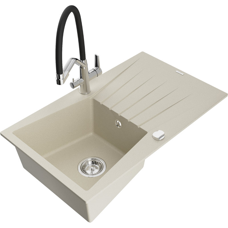 Mexen Cesar granite sink 1-bowl with drainer and Duo kitchen tap, beige - 6514-69-671701-07