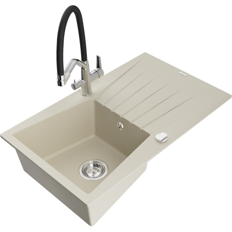 Mexen Cesar 1-compartment granite sink with a drip tray and kitchen mixer tap Duo, Beige - 6514-69-671701-07