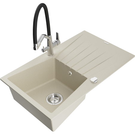 Mexen Cesar granite sink 1-bowl with drainer and Duo kitchen tap, beige - 6514-69-671701-07
