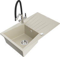 Mexen Cesar granite sink 1-bowl with drainer and Duo kitchen tap, beige - 6514-69-671701-07
