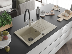 Mexen Cesar 1-compartment granite sink with a drip tray and kitchen mixer tap Duo, Beige - 6514-69-671701-07-B