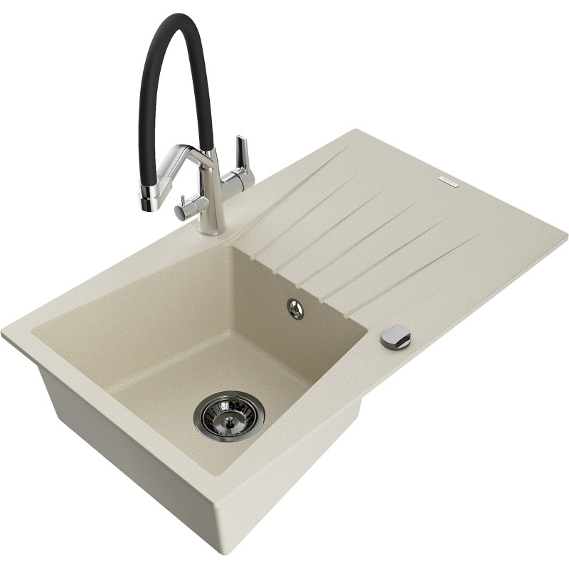 Mexen Cesar 1-Bowl Granite Sink with Drainer and Duo Kitchen Faucet, Beige - 6514-69-671701-07-B