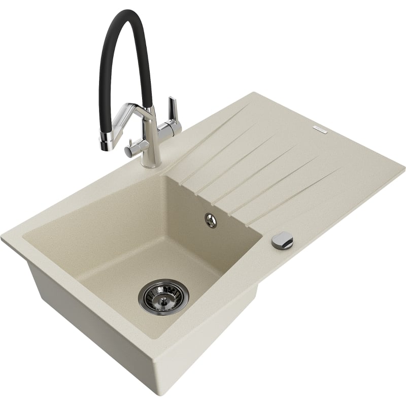 Mexen Cesar granite kitchen sink 1-chamber with drainer and Duo kitchen tap, beige - 6514-69-671701-07-B