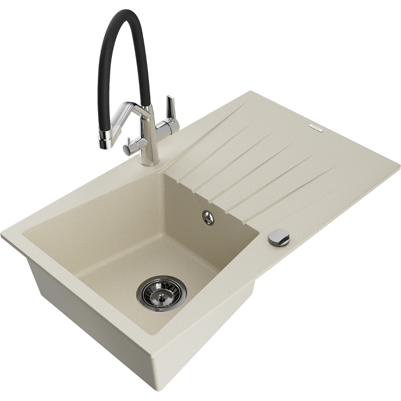 Mexen Cesar one-bowl granite sink with drainer and Duo kitchen tap, beige - 6514-69-671701-07-B