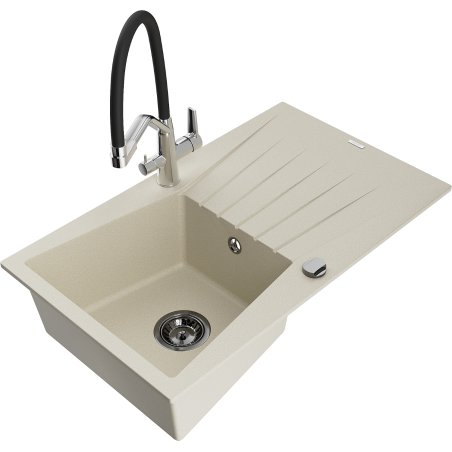 Mexen Cesar one-bowl granite sink with drainer and Duo kitchen tap, beige - 6514-69-671701-07-B