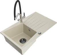 Mexen Cesar 1-compartment granite sink with a drip tray and kitchen mixer tap Duo, Beige - 6514-69-671701-07-B