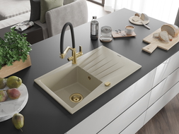 Mexen Cesar 1-compartment granite sink with a drip tray and kitchen mixer tap Duo, Beige - 6514-69-671701-57-G