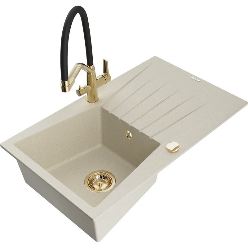 Mexen Cesar 1-bowl granite sink with drainer and Duo kitchen tap, beige - 6514-69-671701-57-G