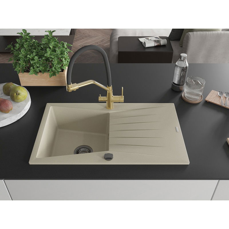 Mexen Cesar granite sink 1-bowl with drainer and Duo kitchen tap, beige - 6514-69-671701-57-B