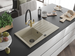Mexen Cesar 1-compartment granite sink with a drip tray and kitchen mixer tap Duo, Beige - 6514-69-671701-57-B