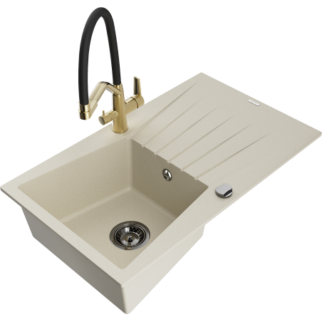 Mexen Cesar 1-compartment granite sink with a drip tray and kitchen mixer tap Duo, Beige - 6514-69-671701-57-B