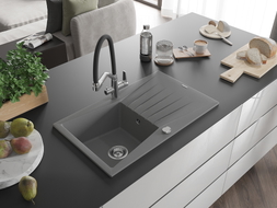 Mexen Cesar granite sink 1-bowl with drainer and kitchen faucet Duo, gray - 6514-71-671701-07