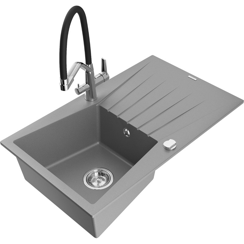 Mexen Cesar granite sink 1-bowl with drainer and kitchen faucet Duo, gray - 6514-71-671701-07