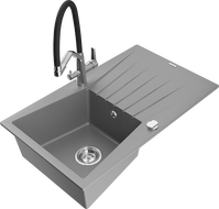 Mexen Cesar granite sink 1-bowl with drainer and kitchen faucet Duo, gray - 6514-71-671701-07