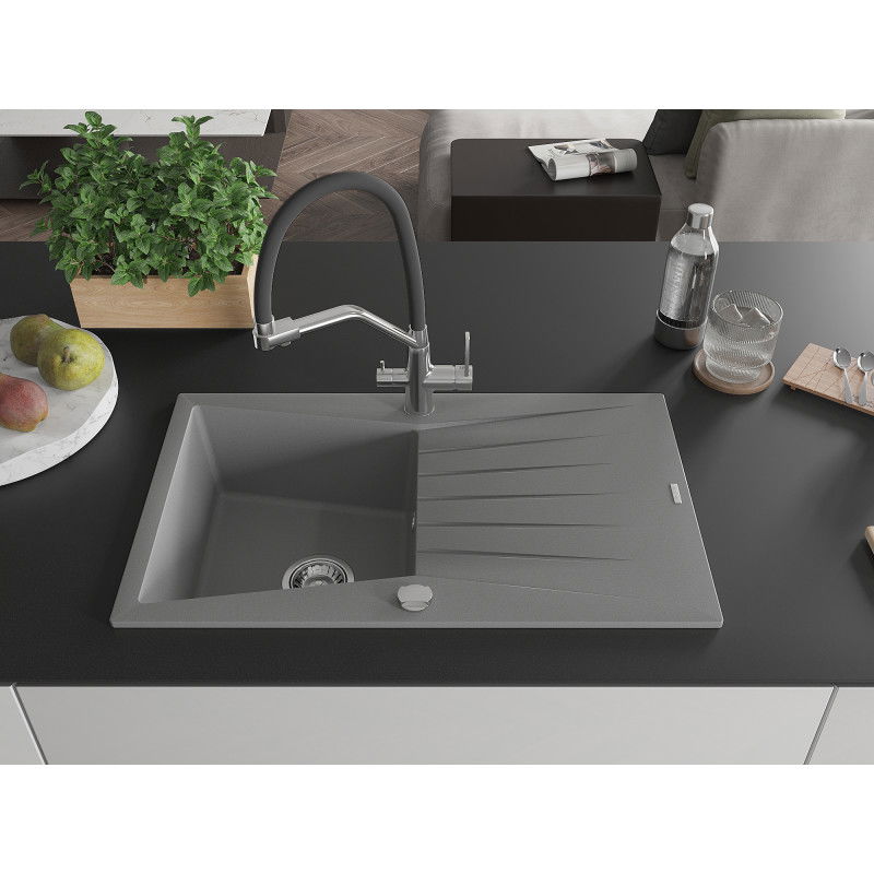 Mexen Cesar granite sink 1-bowl with drainer and Duo kitchen tap, grey - 6514-71-671701-07