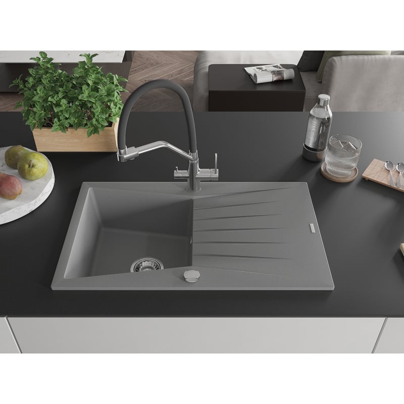 Mexen Cesar granite sink 1-bowl with drainer and kitchen faucet Duo, gray - 6514-71-671701-07