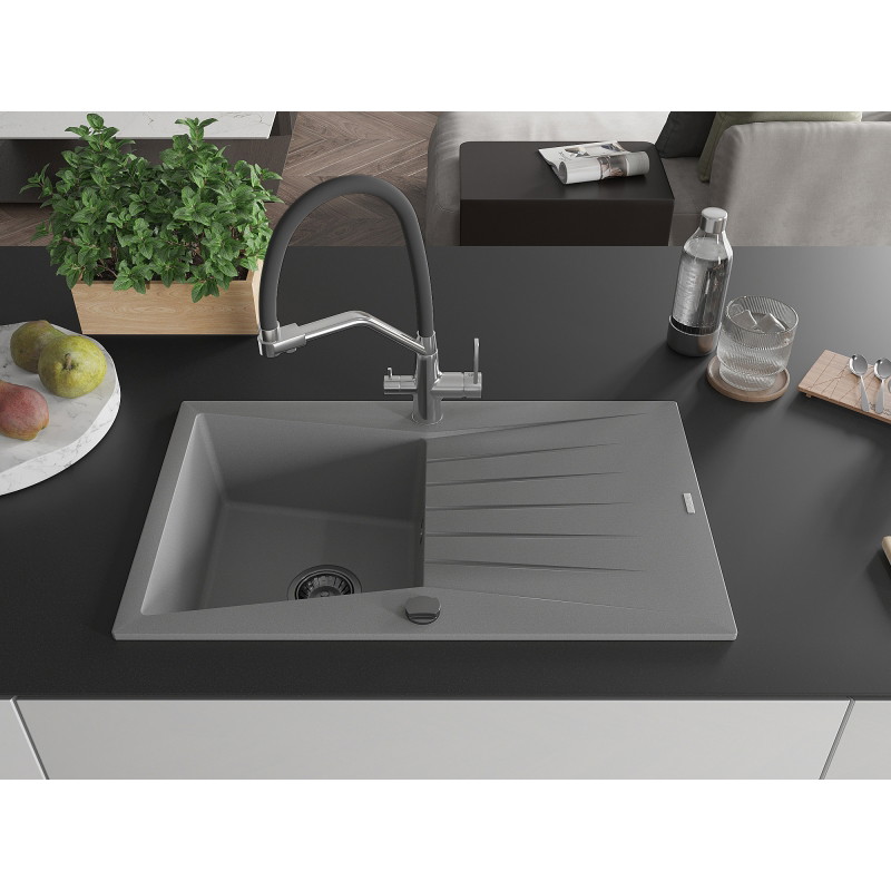 Mexen Cesar 1-bowl granite sink with drainer and Duo kitchen faucet, gray - 6514-71-671701-07-B