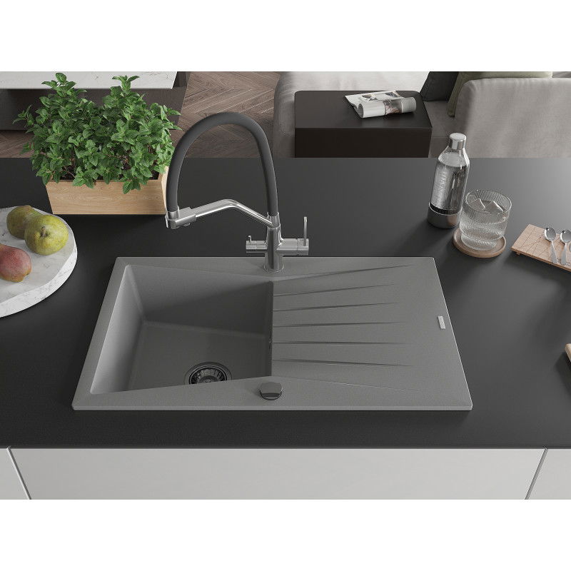 Mexen Cesar granite sink 1-bowl with drainer and Duo kitchen tap, grey - 6514-71-671701-07-B
