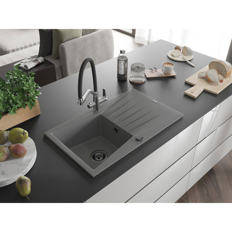 Mexen Cesar granite sink 1-bowl with drainer and Duo kitchen tap, grey - 6514-71-671701-07-B