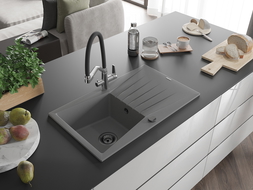 Mexen Cesar 1-compartment granite sink with a drip tray and kitchen mixer tap Duo, grey - 6514-71-671701-07-B