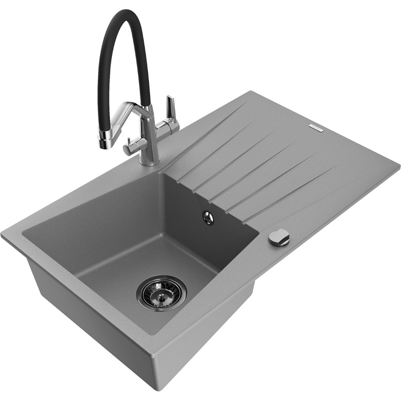 Mexen Cesar 1-bowl granite sink with drainer and Duo kitchen faucet, gray - 6514-71-671701-07-B
