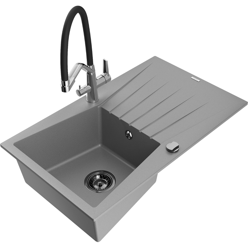 Mexen Cesar 1-compartment granite sink with a drip tray and kitchen mixer tap Duo, grey - 6514-71-671701-07-B