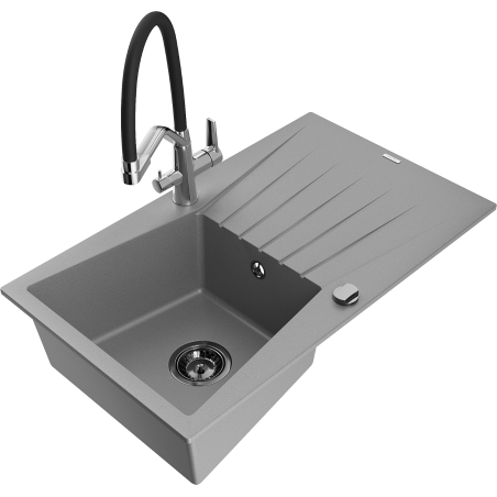 Mexen Cesar granite sink 1-bowl with drainer and Duo kitchen tap, grey - 6514-71-671701-07-B