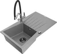 Mexen Cesar 1-compartment granite sink with a drip tray and kitchen mixer tap Duo, grey - 6514-71-671701-07-B
