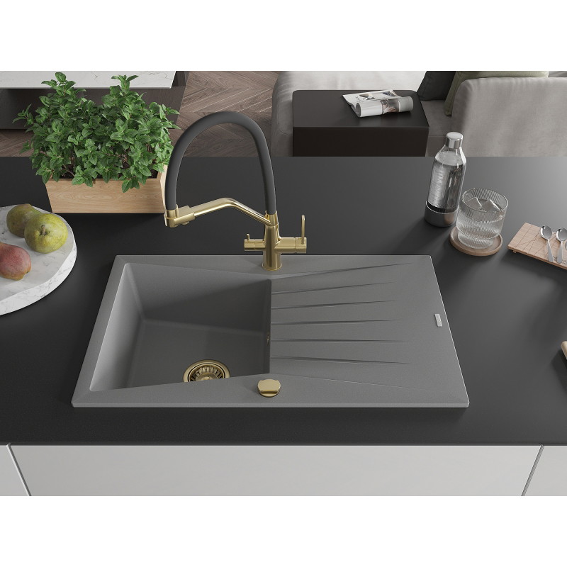 Mexen Cesar 1-bowl granite sink with drainer and Duo kitchen faucet, gray - 6514-71-671701-57-G
