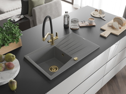 Mexen Cesar 1-bowl granite sink with drainer and Duo kitchen faucet, gray - 6514-71-671701-57-G
