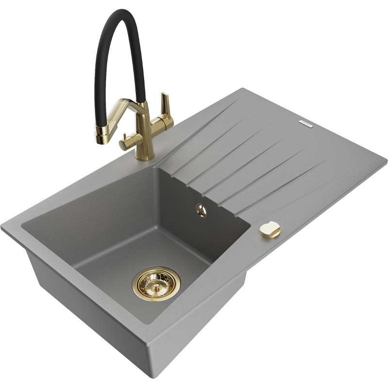 Mexen Cesar granite kitchen sink 1-bowl with drainer and Duo kitchen faucet, gray - 6514-71-671701-57-G