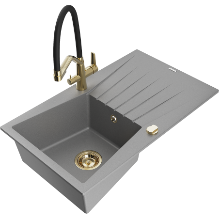 Mexen Cesar granite kitchen sink 1-bowl with drainer and Duo kitchen faucet, gray - 6514-71-671701-57-G