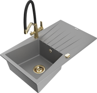 Mexen Cesar granite kitchen sink 1-bowl with drainer and Duo kitchen faucet, gray - 6514-71-671701-57-G