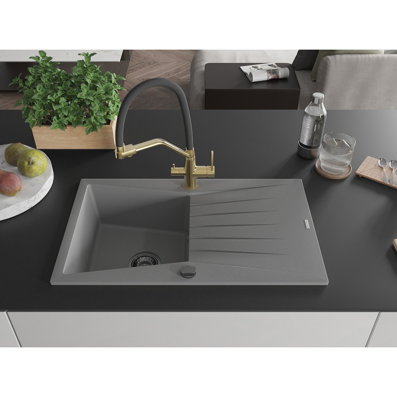 Mexen Cesar 1-bowl granite sink with drainer and Duo kitchen faucet, gray - 6514-71-671701-57-B