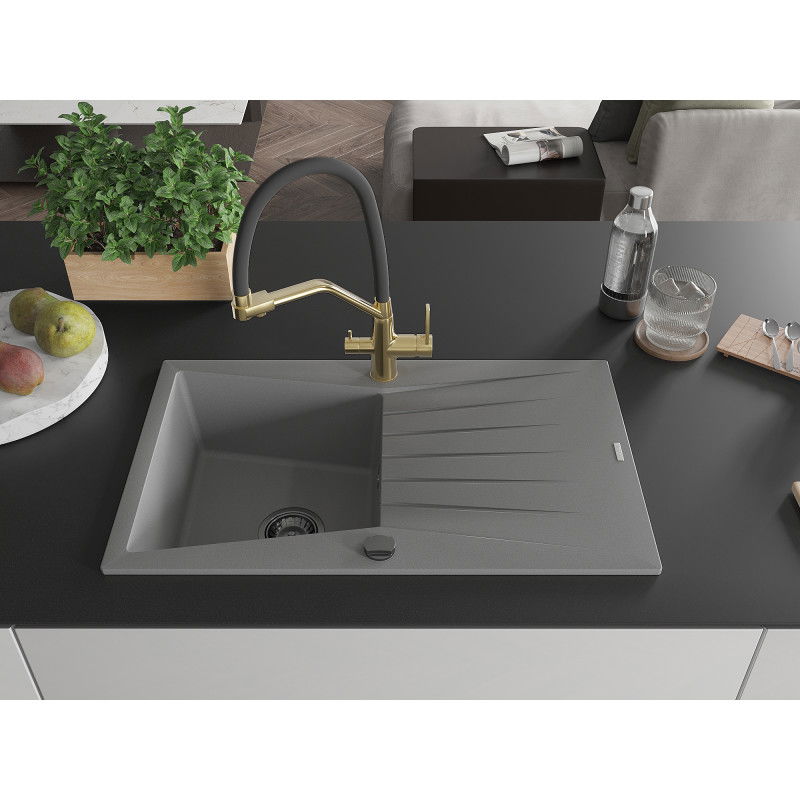 Mexen Cesar granite sink 1-bowl with drainer and kitchen tap Duo, grey - 6514-71-671701-57-B