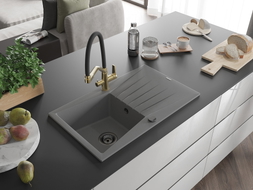 Mexen Cesar granite kitchen sink single-bowl with drainer and Duo kitchen faucet, gray - 6514-71-671701-57-B