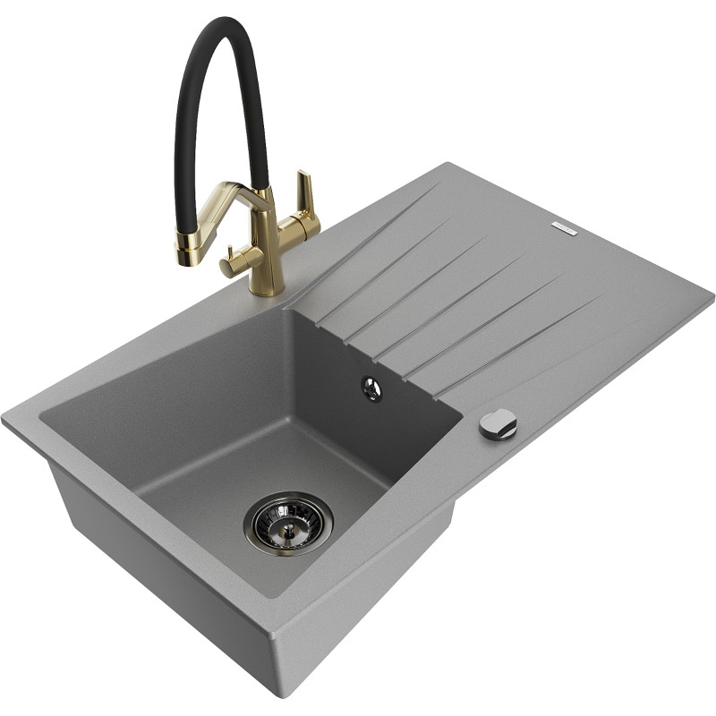 Mexen Cesar granite kitchen sink single-bowl with drainer and Duo kitchen faucet, gray - 6514-71-671701-57-B
