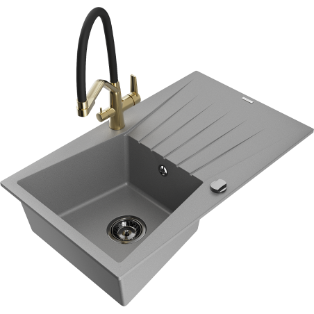 Mexen Cesar granite kitchen sink single-bowl with drainer and Duo kitchen faucet, gray - 6514-71-671701-57-B
