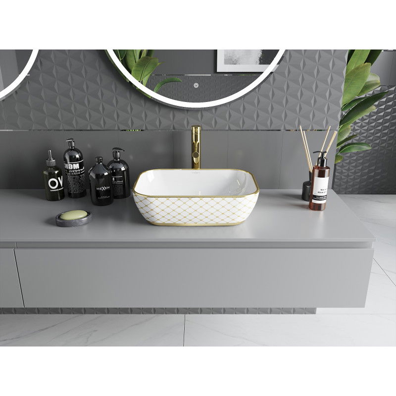 Mexen Rita countertop washbasin 45 x 32 cm, white/gold check pattern - 21084509